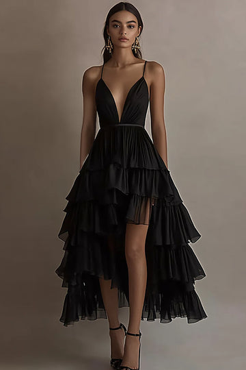 Ruffled Tiered Chiffon High Low Black Tie Dress